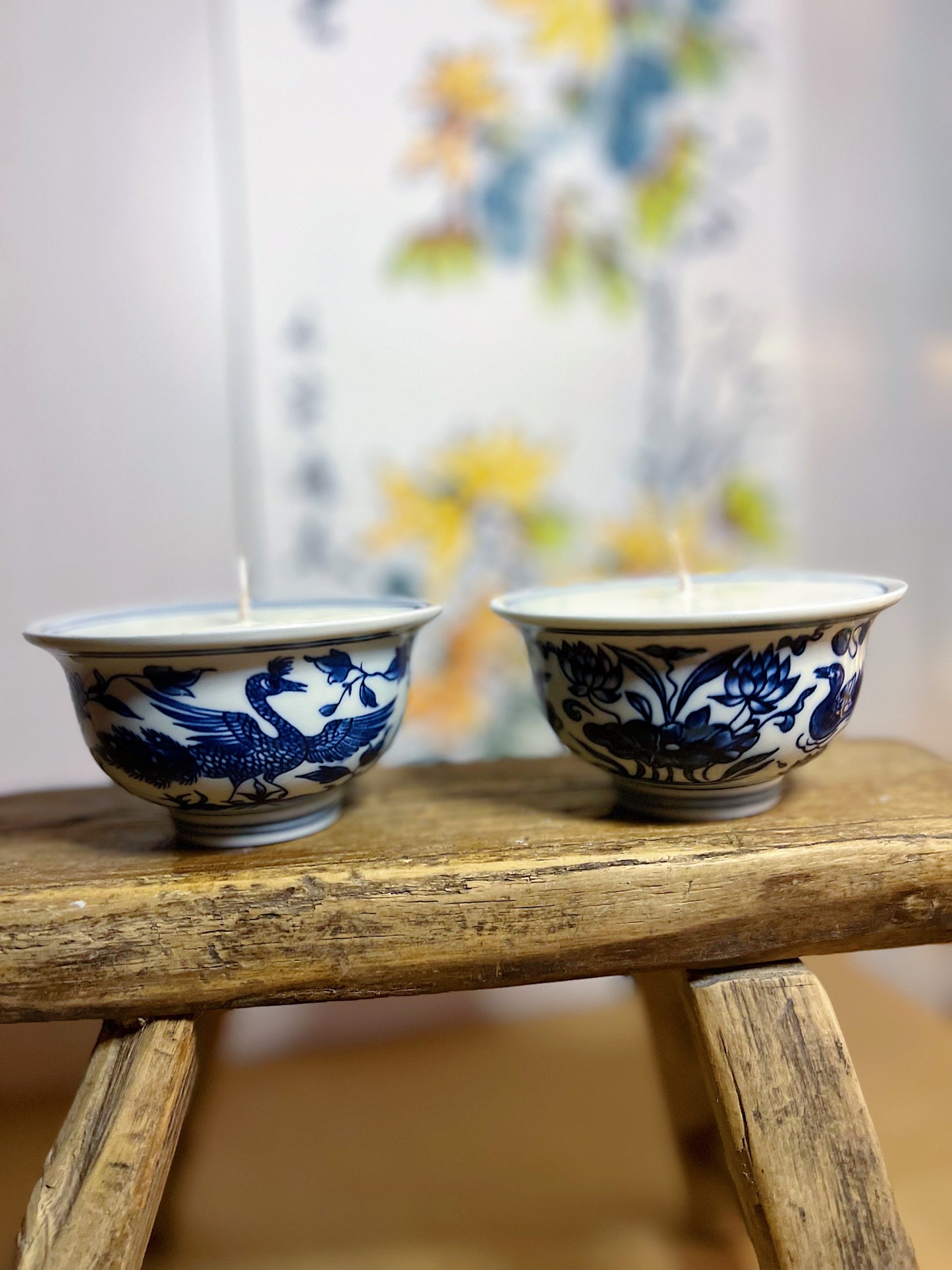 Set of 2 blue and white tea bowl Candles