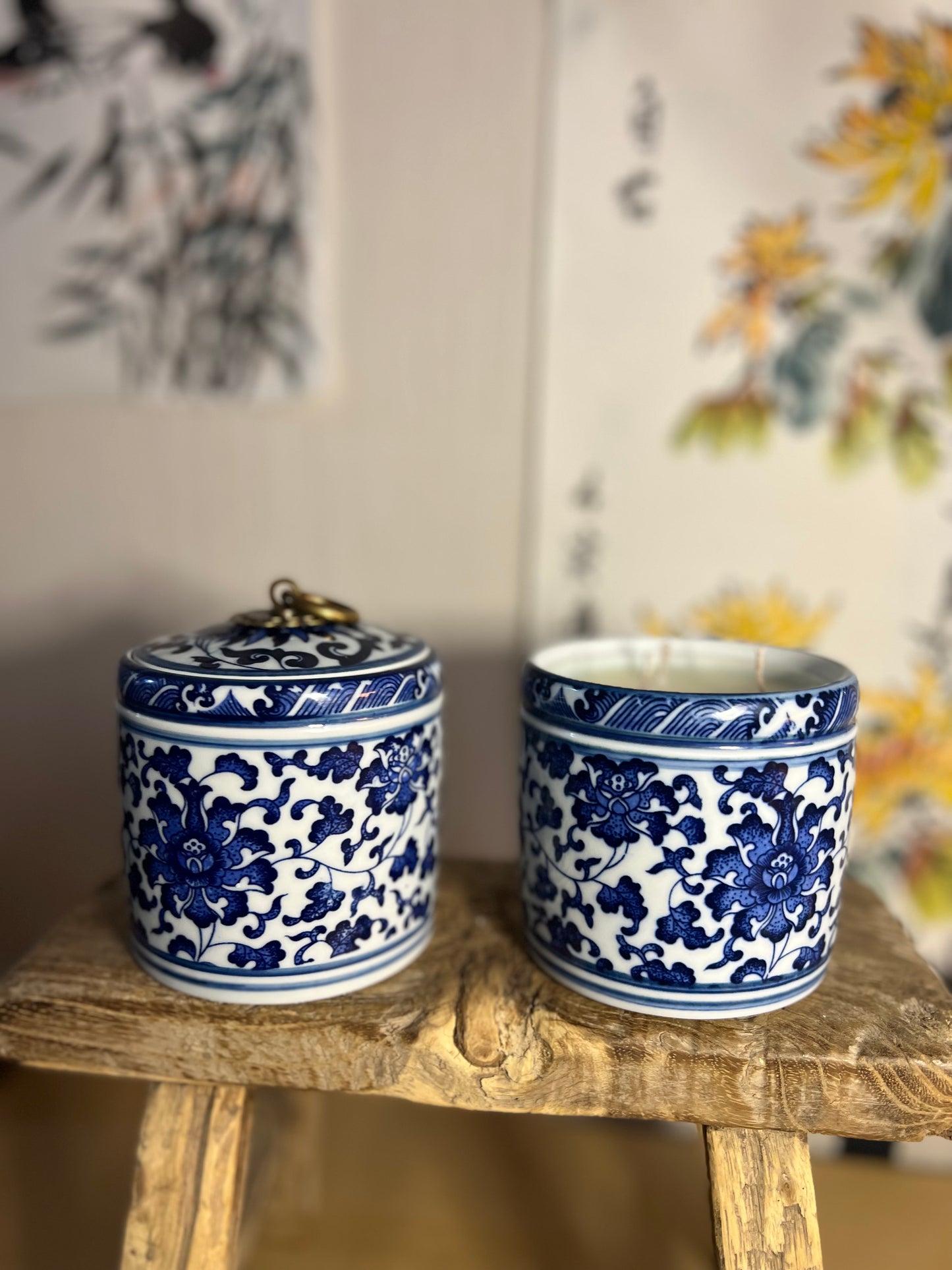 Pair blue small ceramic box candles