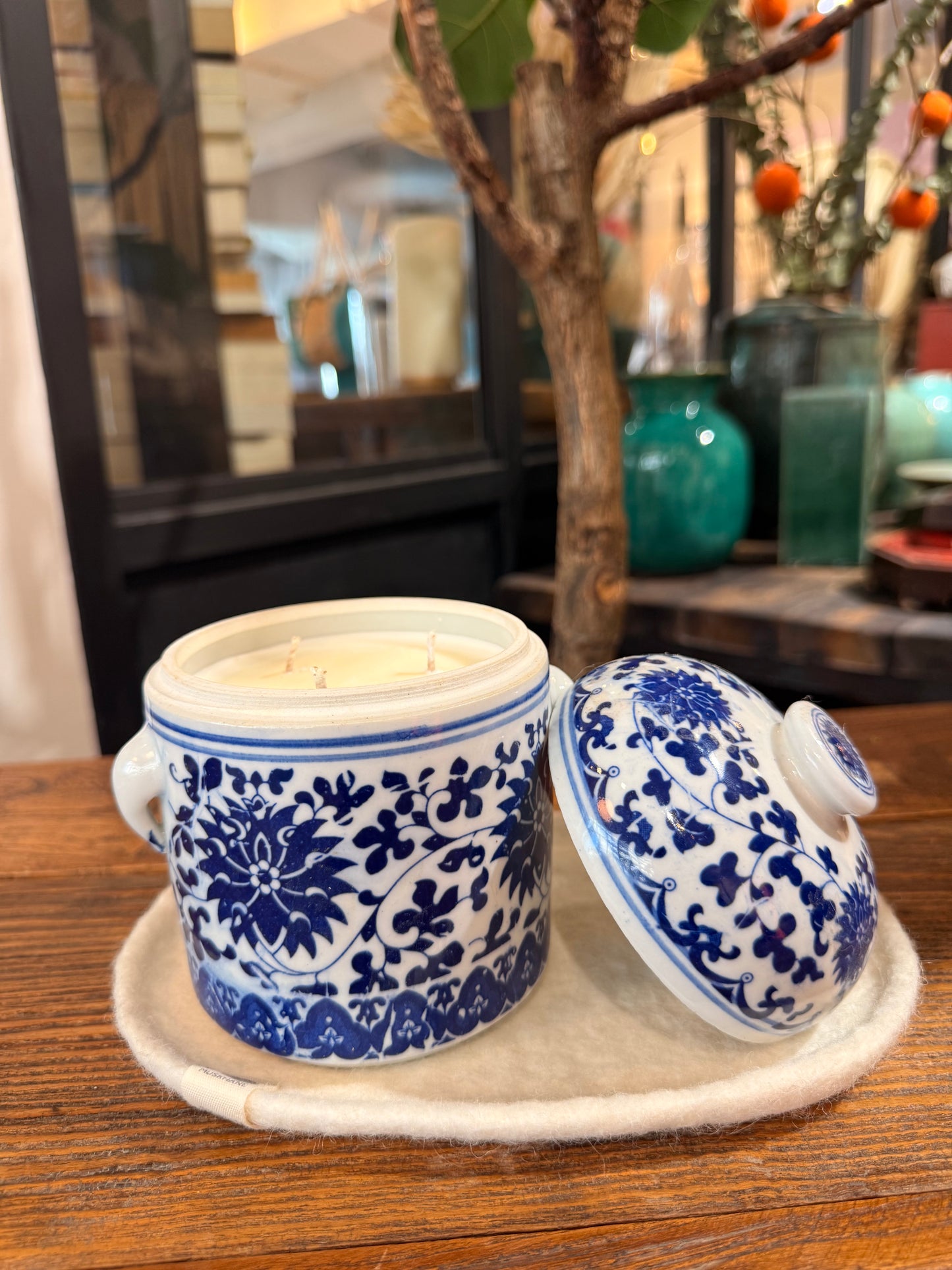 Blue and white floral Jar Candle