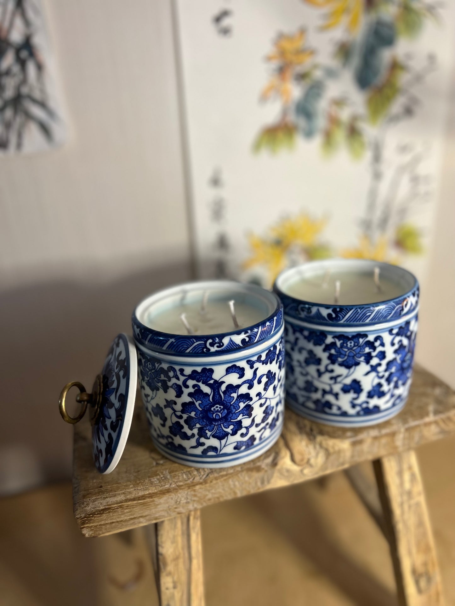 Pair blue small ceramic box candles