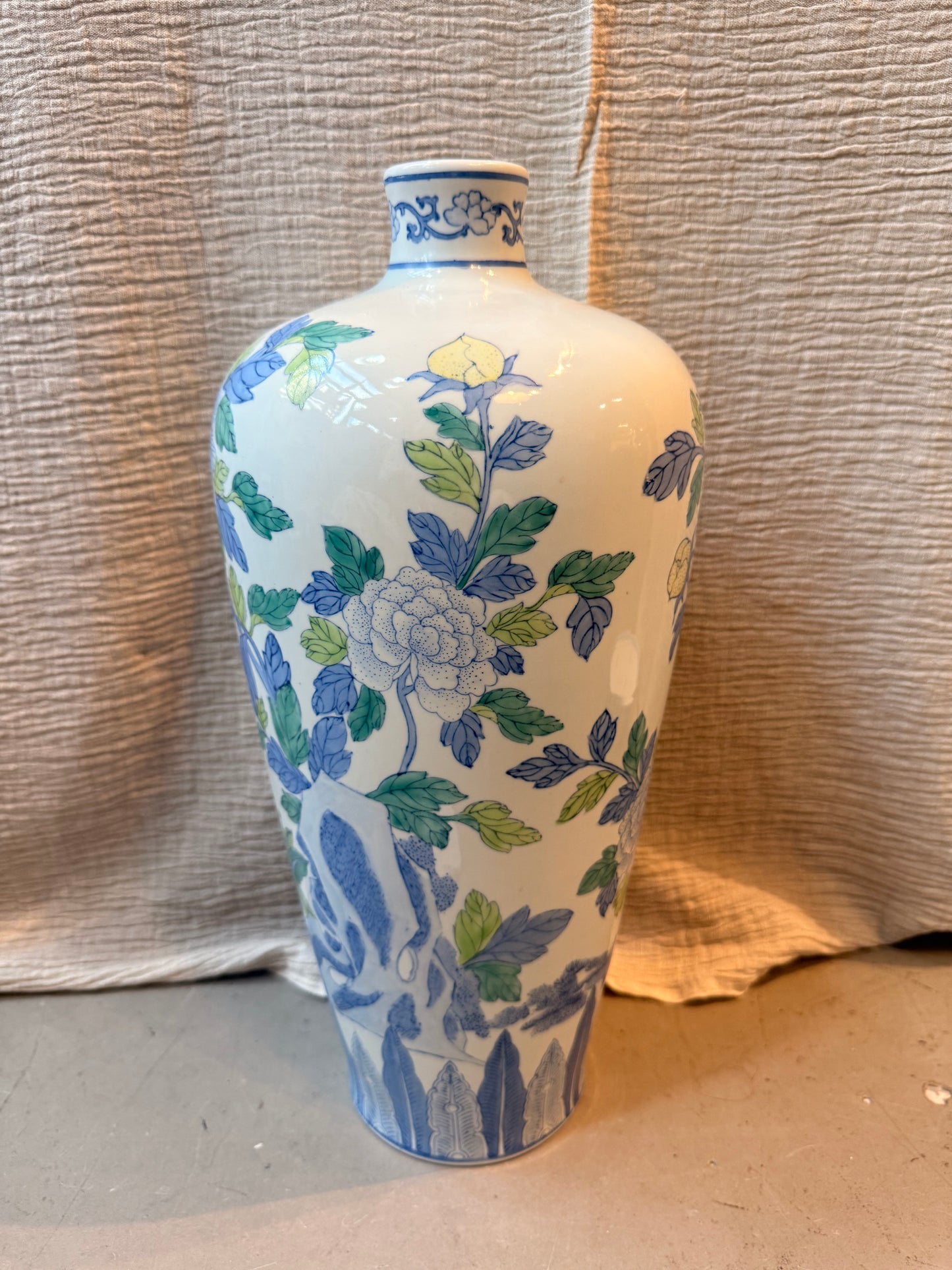 Tall peonies and crane hand painted Vase