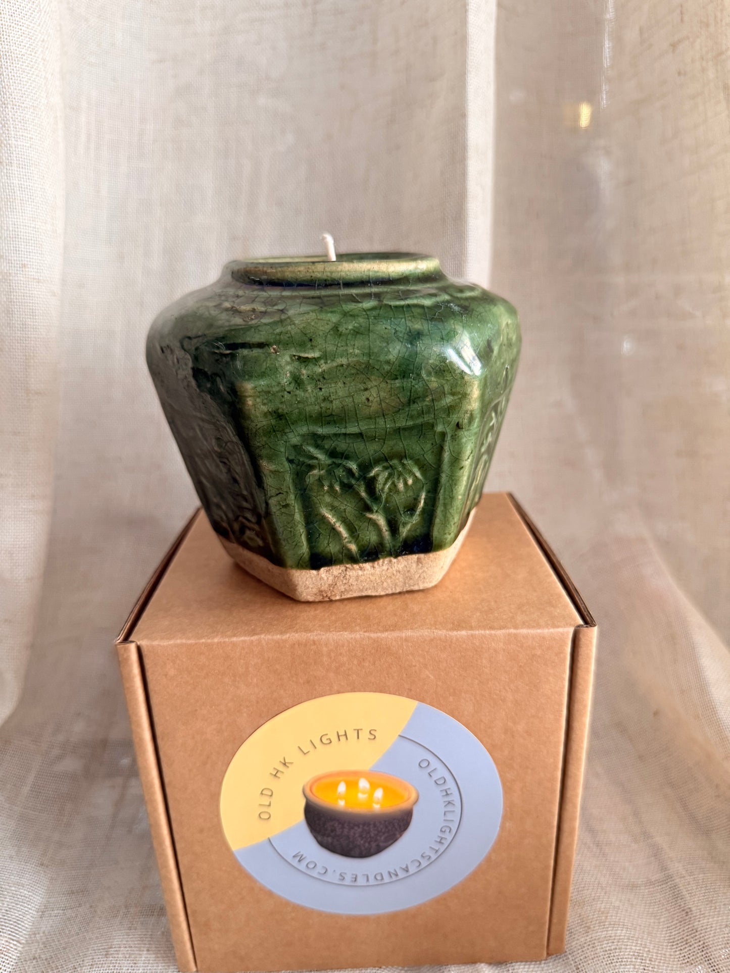 Antique small green jar candle