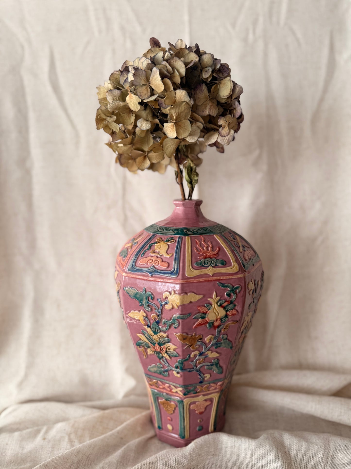 Pink peonies vintage ceramic vase