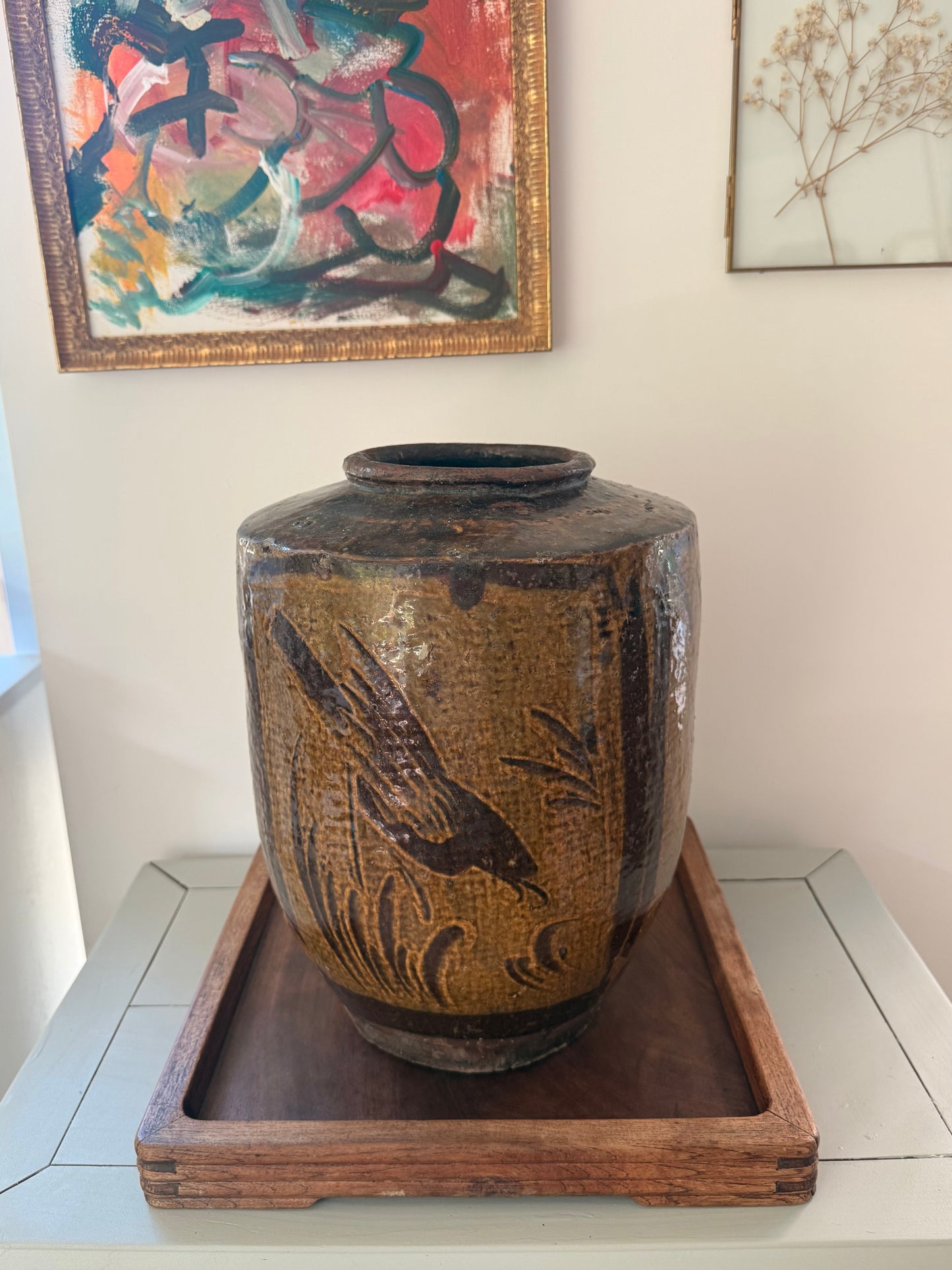 Large ochre antique Bird Vase