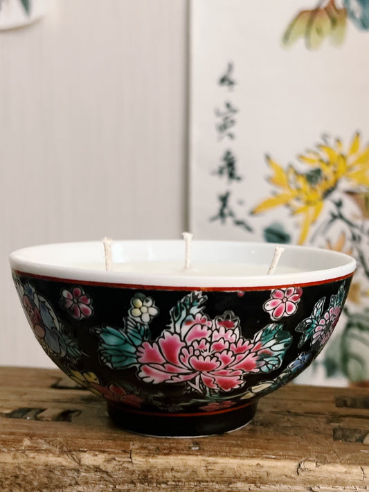 Black Floral rice bowl 3 wicks candle