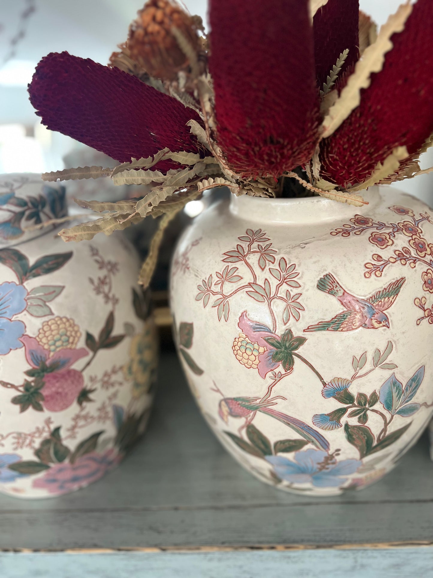 Cream and pastel birds and flowers large Ginger Jar