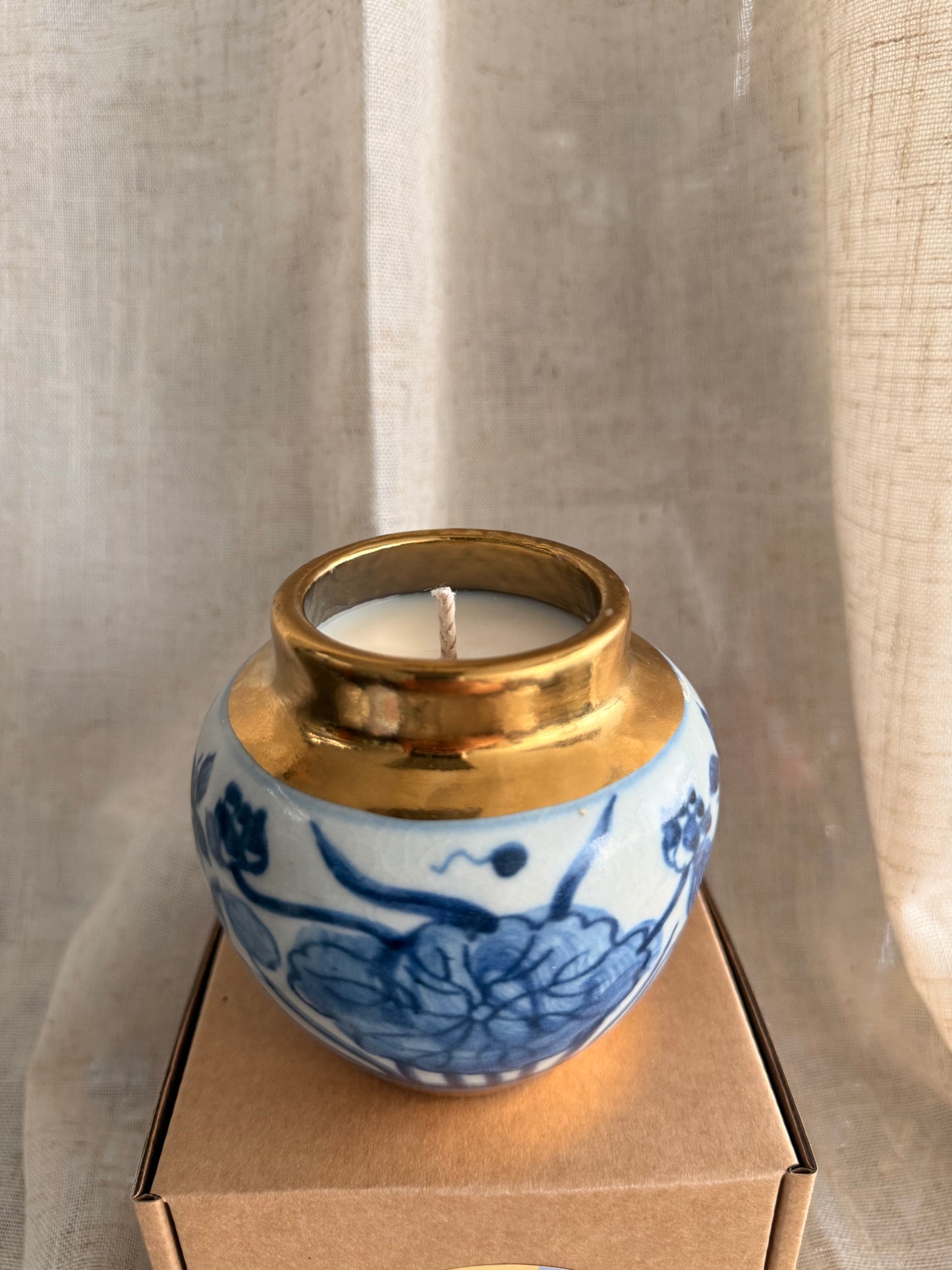 Blue white and gold small jar candle