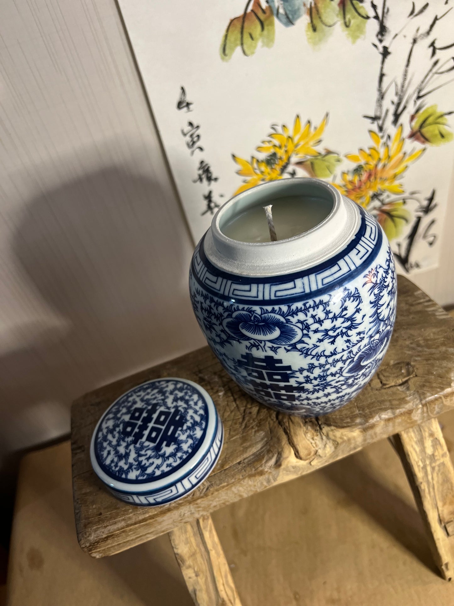 Blue and white double Happiness tea box candle