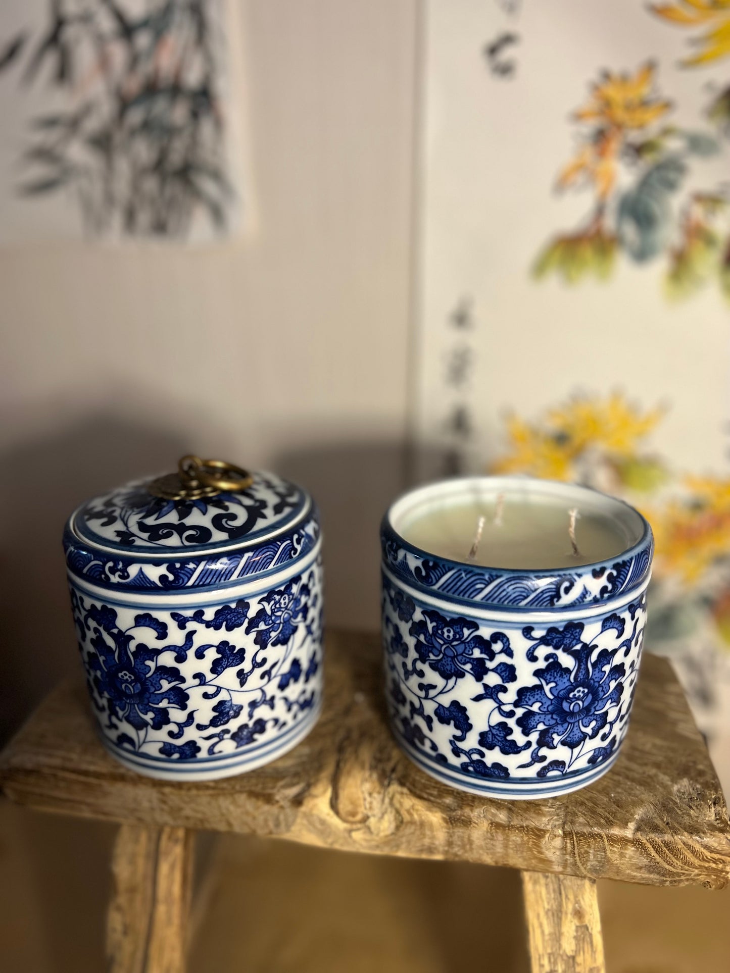 Pair blue small ceramic box candles