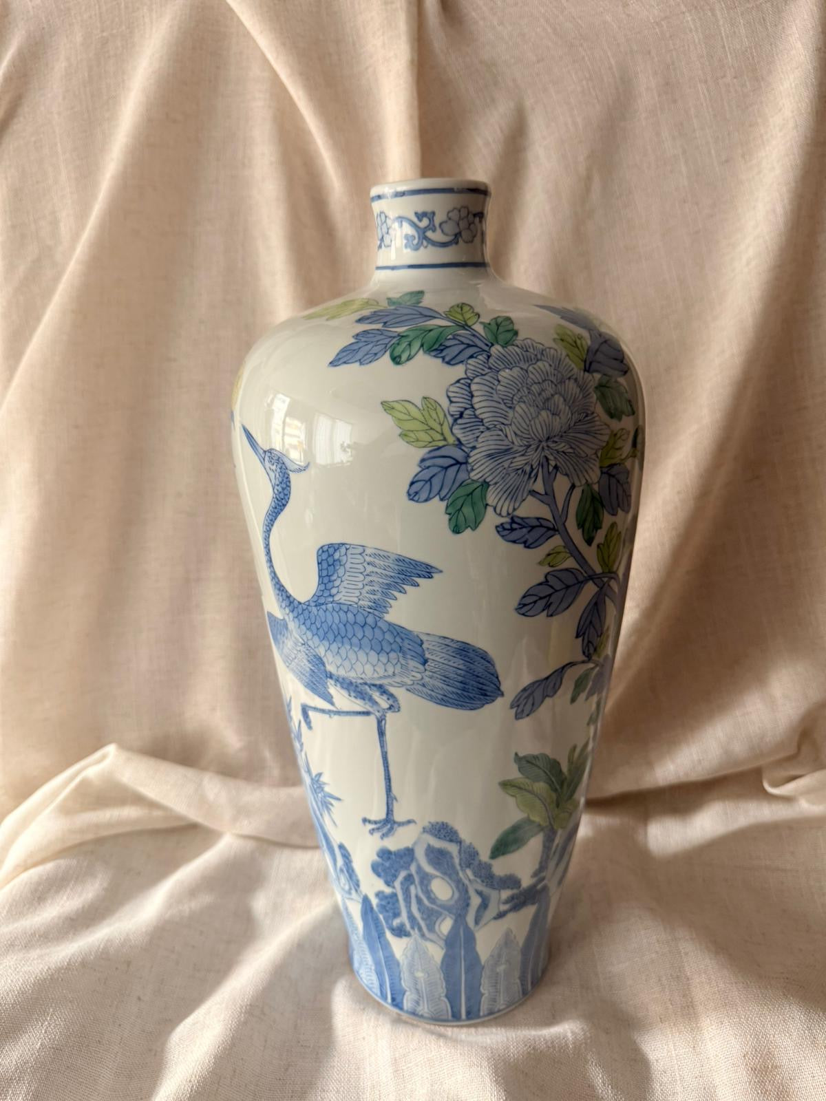 Tall peonies and crane hand painted Vase