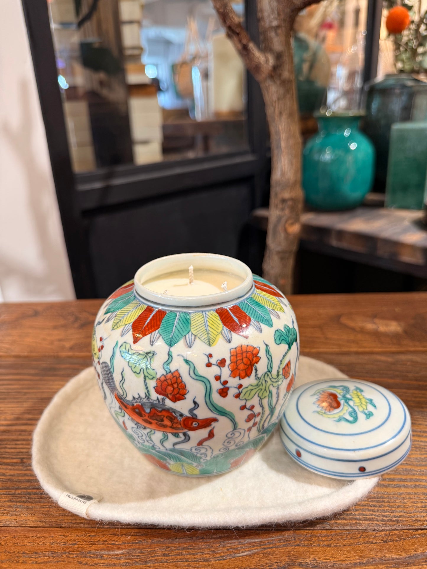 Hand painted fish pond ceramic box 3 wicks candle