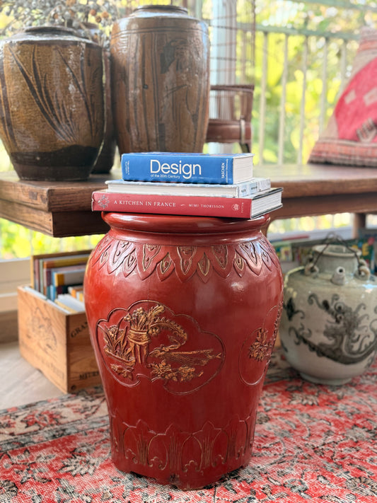 Carved wood vintage oriental stool