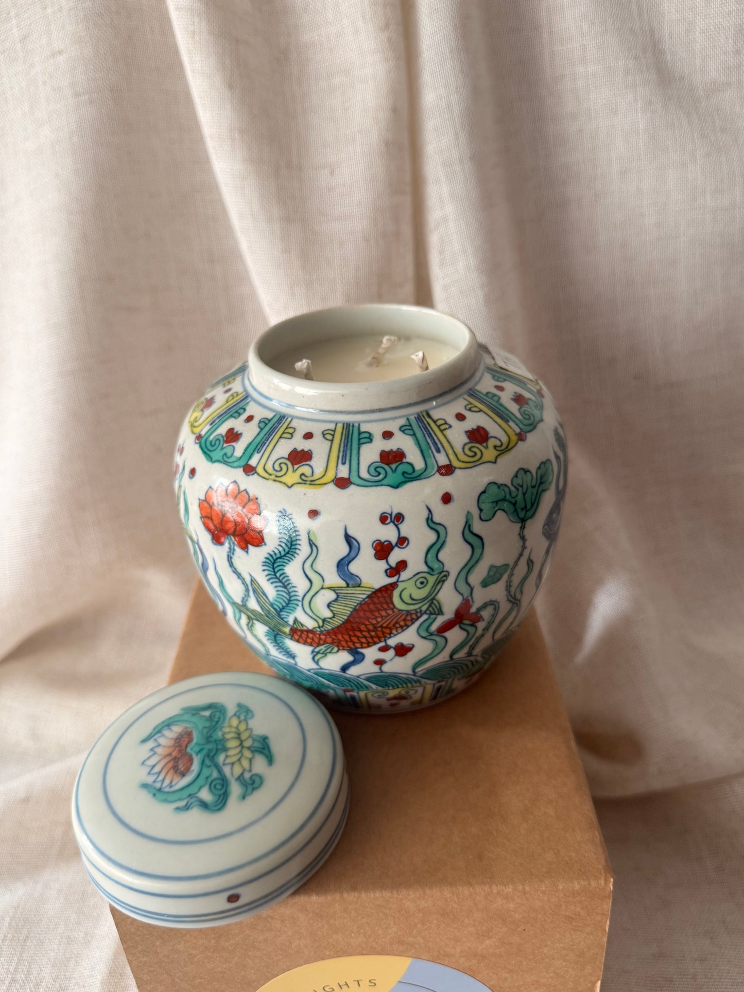 Hand painted fish pond ceramic box 3 wicks candle