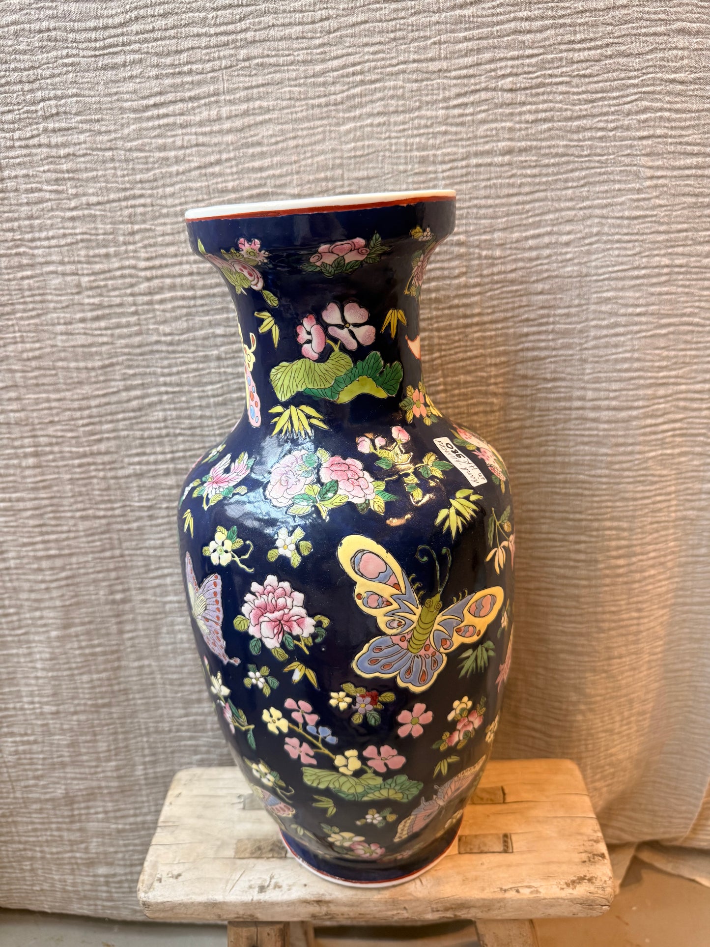 Navy birds and butterfly hand painted Vase