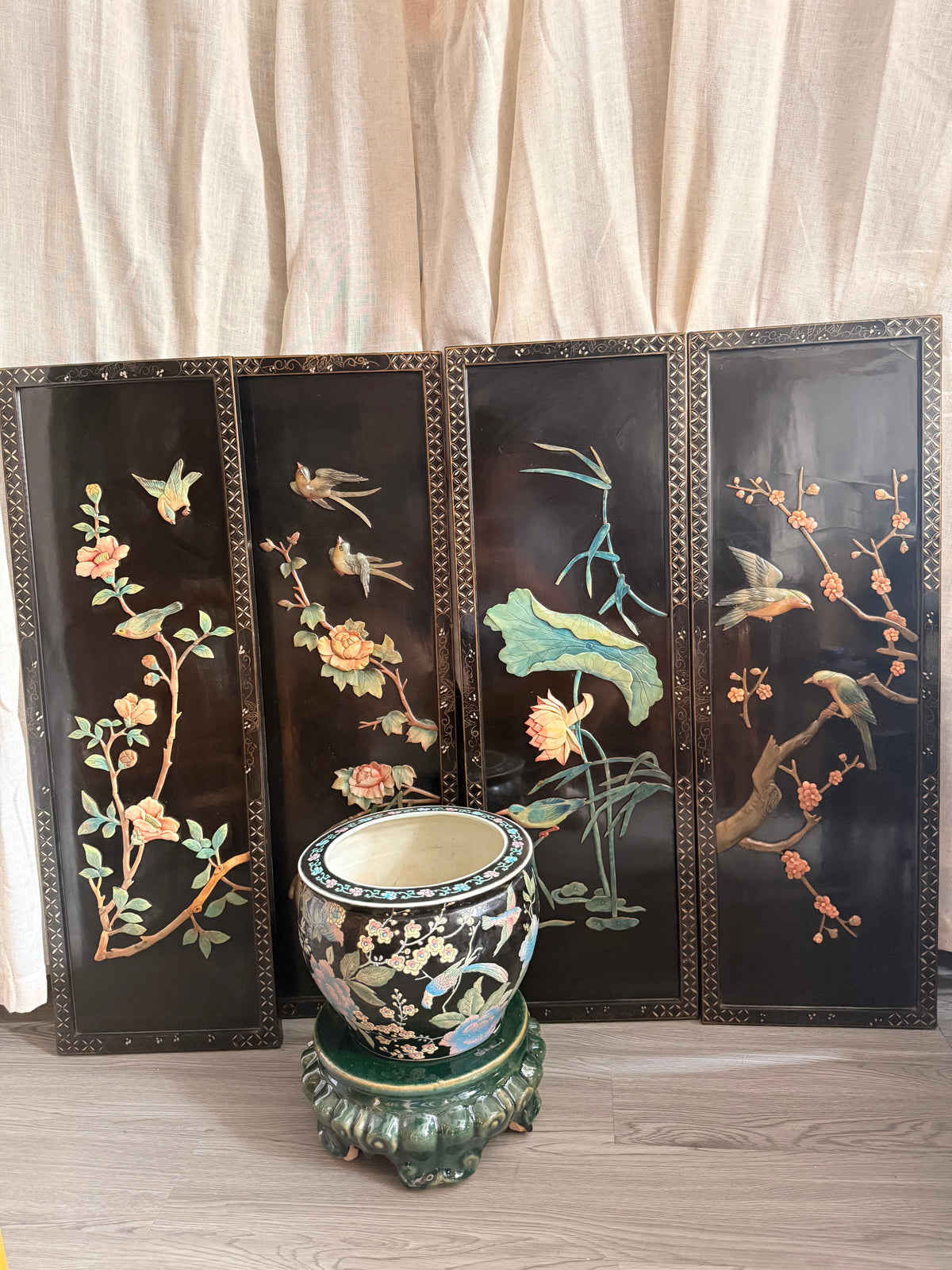 Lacquered black floral wooden Panels