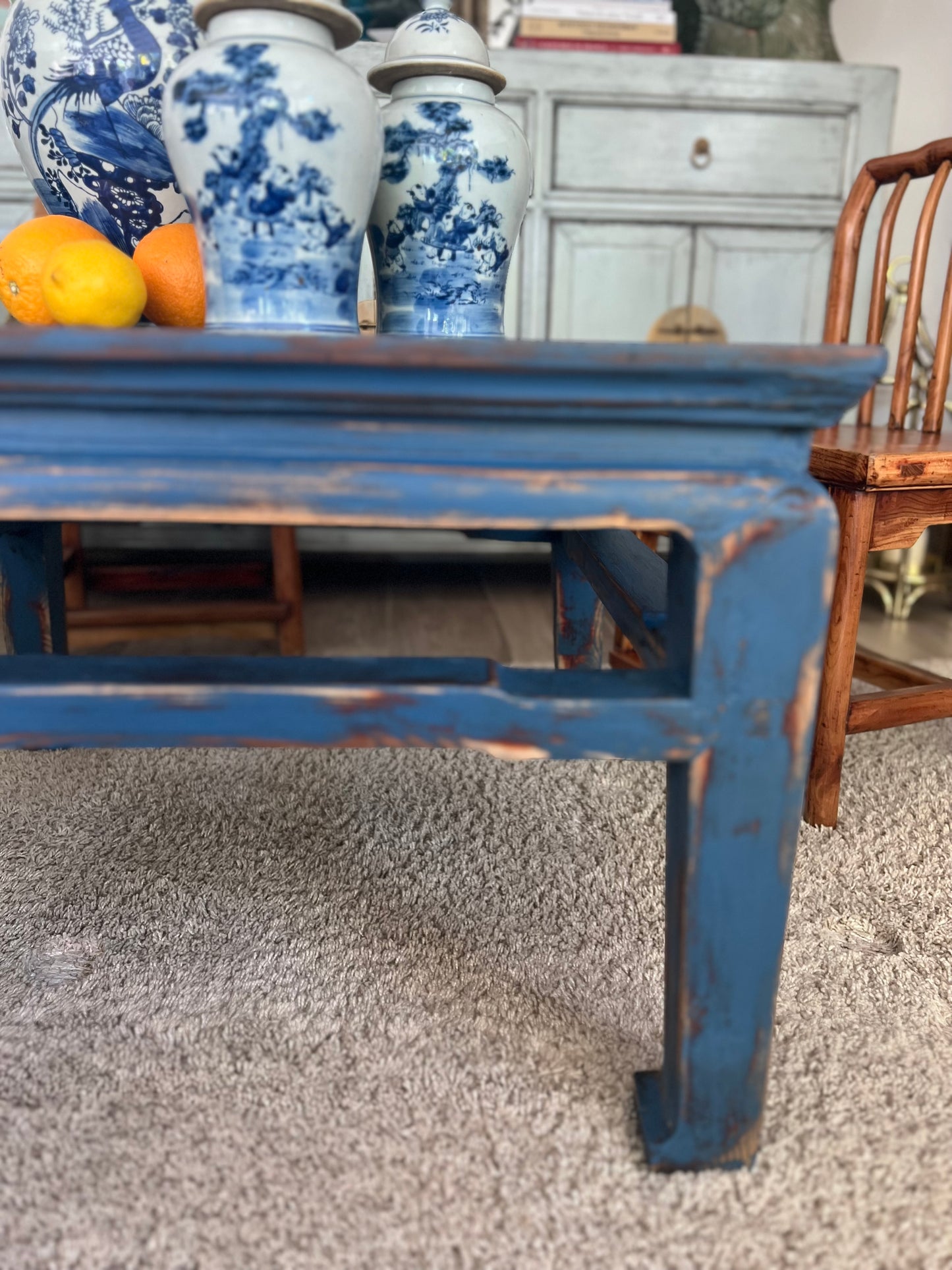 Elm wood antique renovated blue coffee table