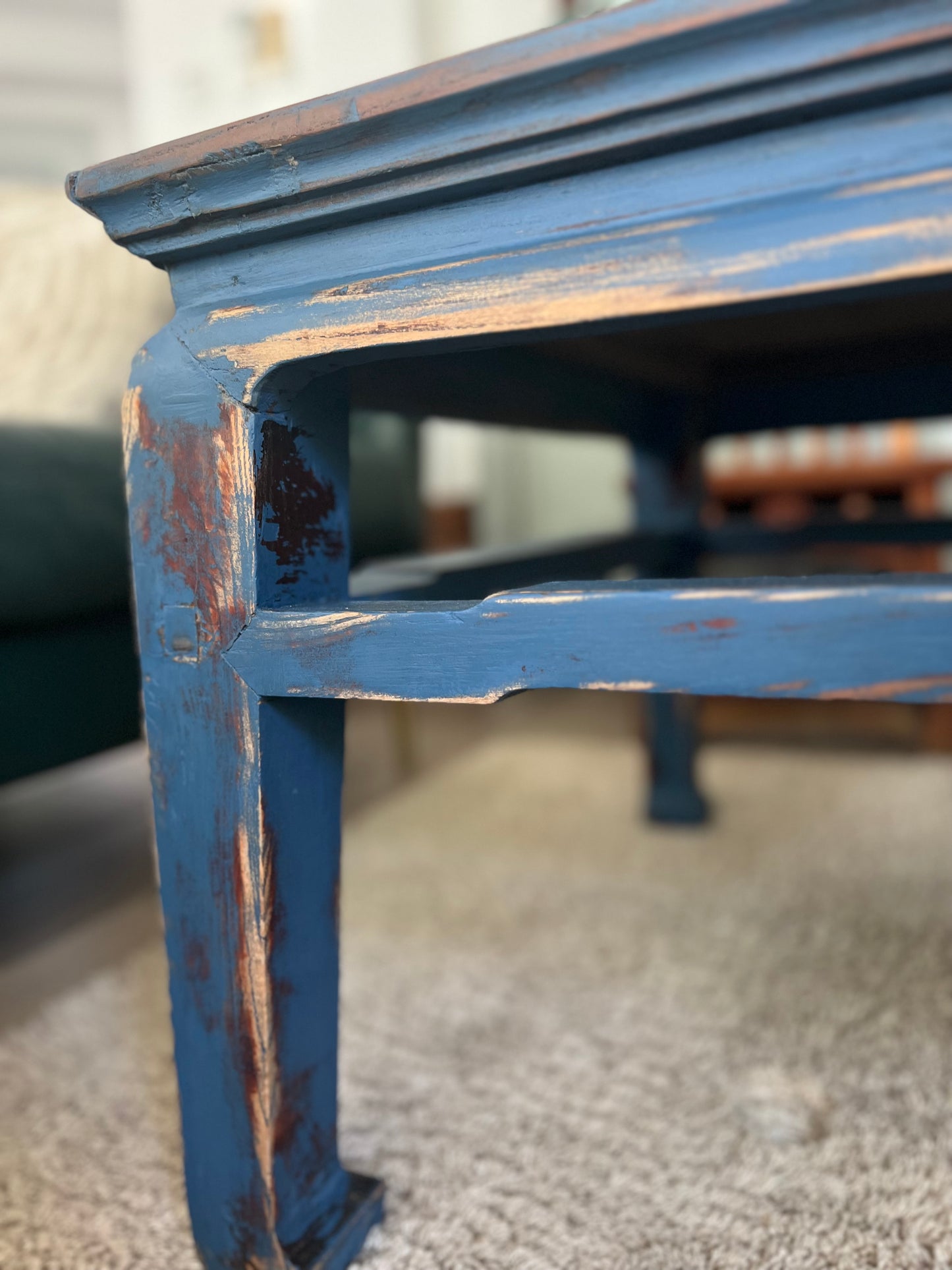 Elm wood antique renovated blue coffee table