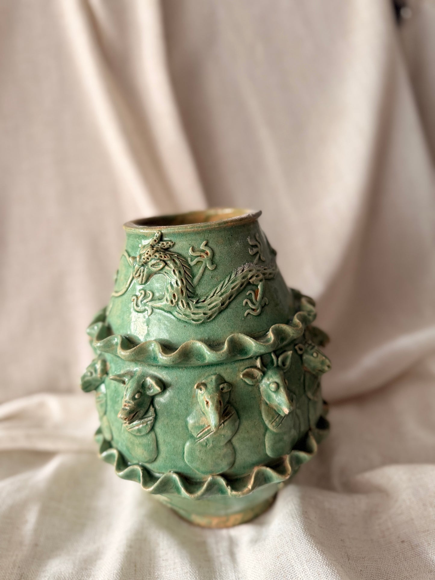 Zodiac animals green clay handmade vase