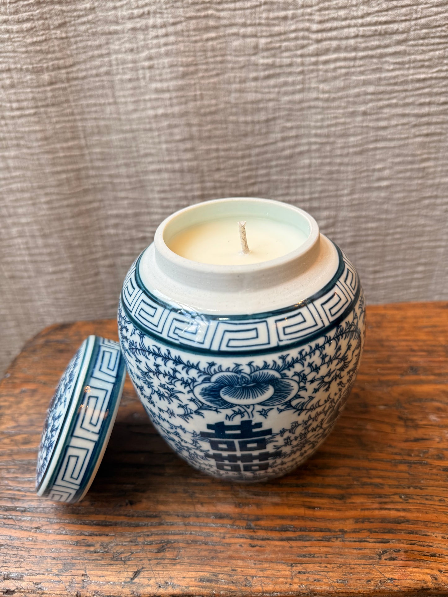Double Happiness Blue & White Candle Jar