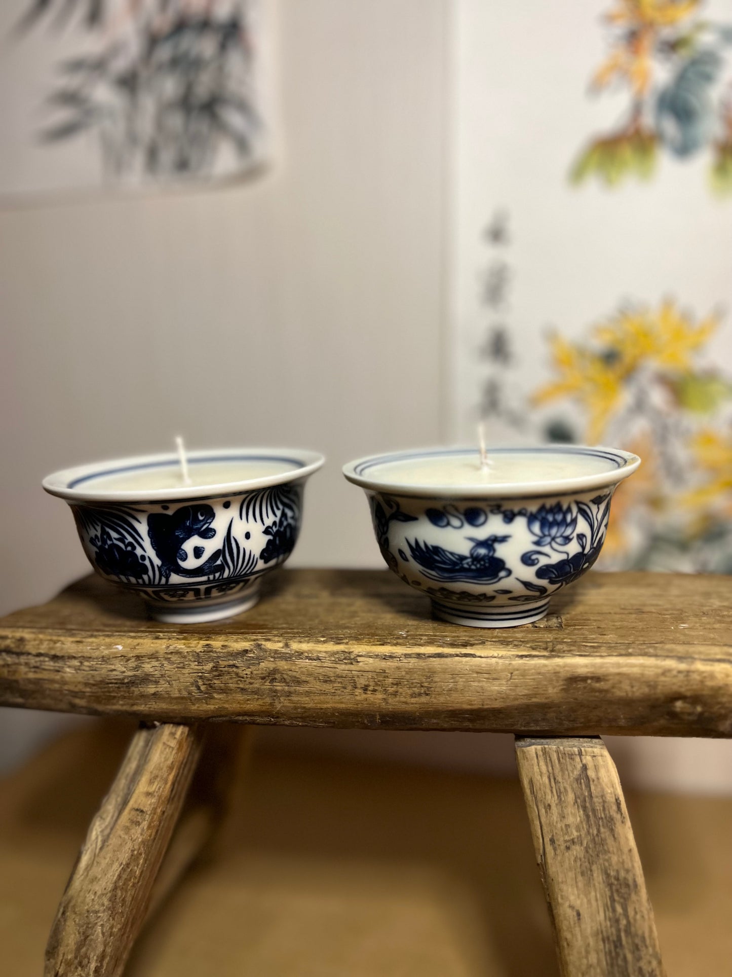 Set of 2 blue and white tea bowl candles