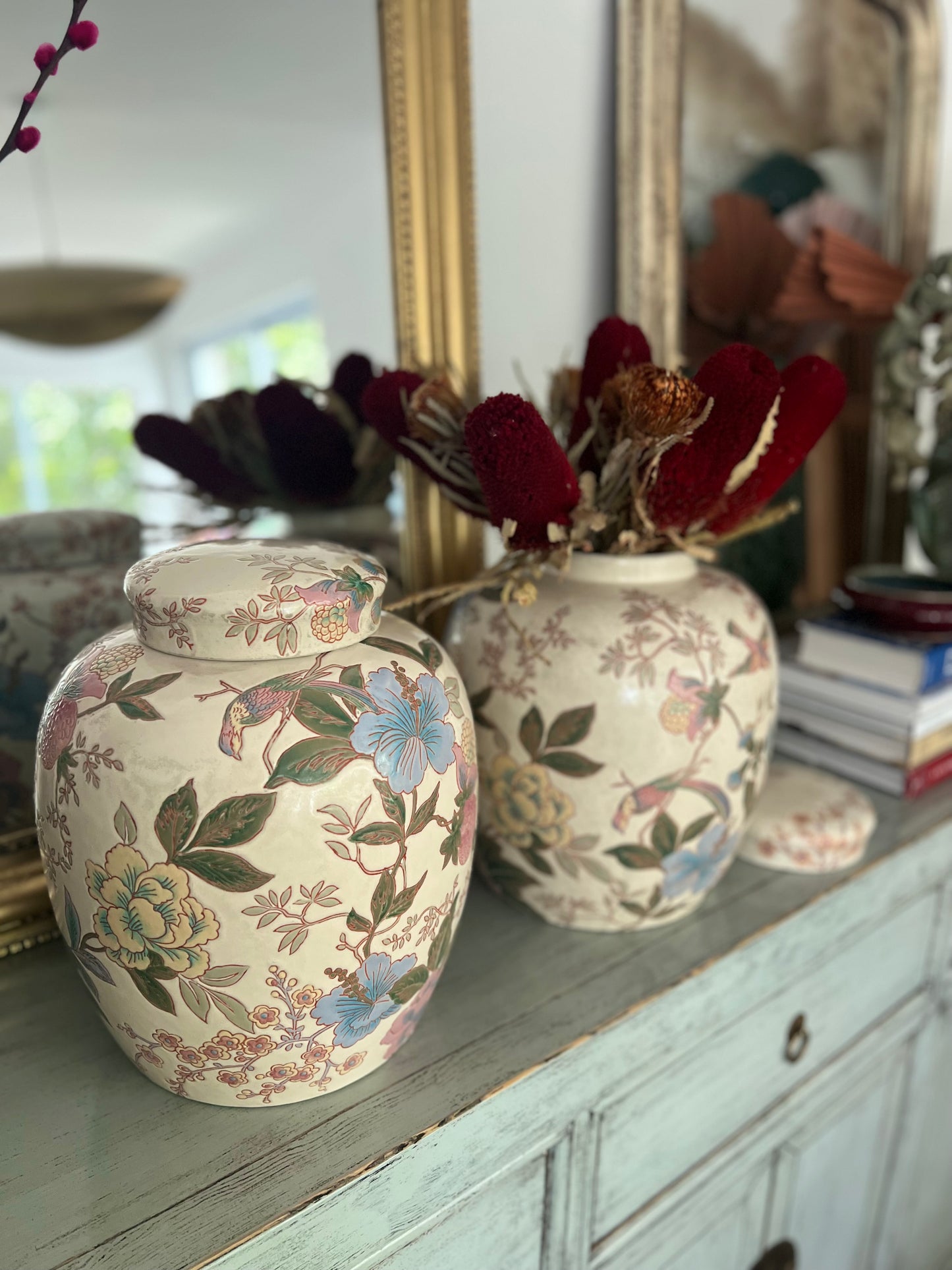 Cream and pastel birds and flowers large Ginger Jar