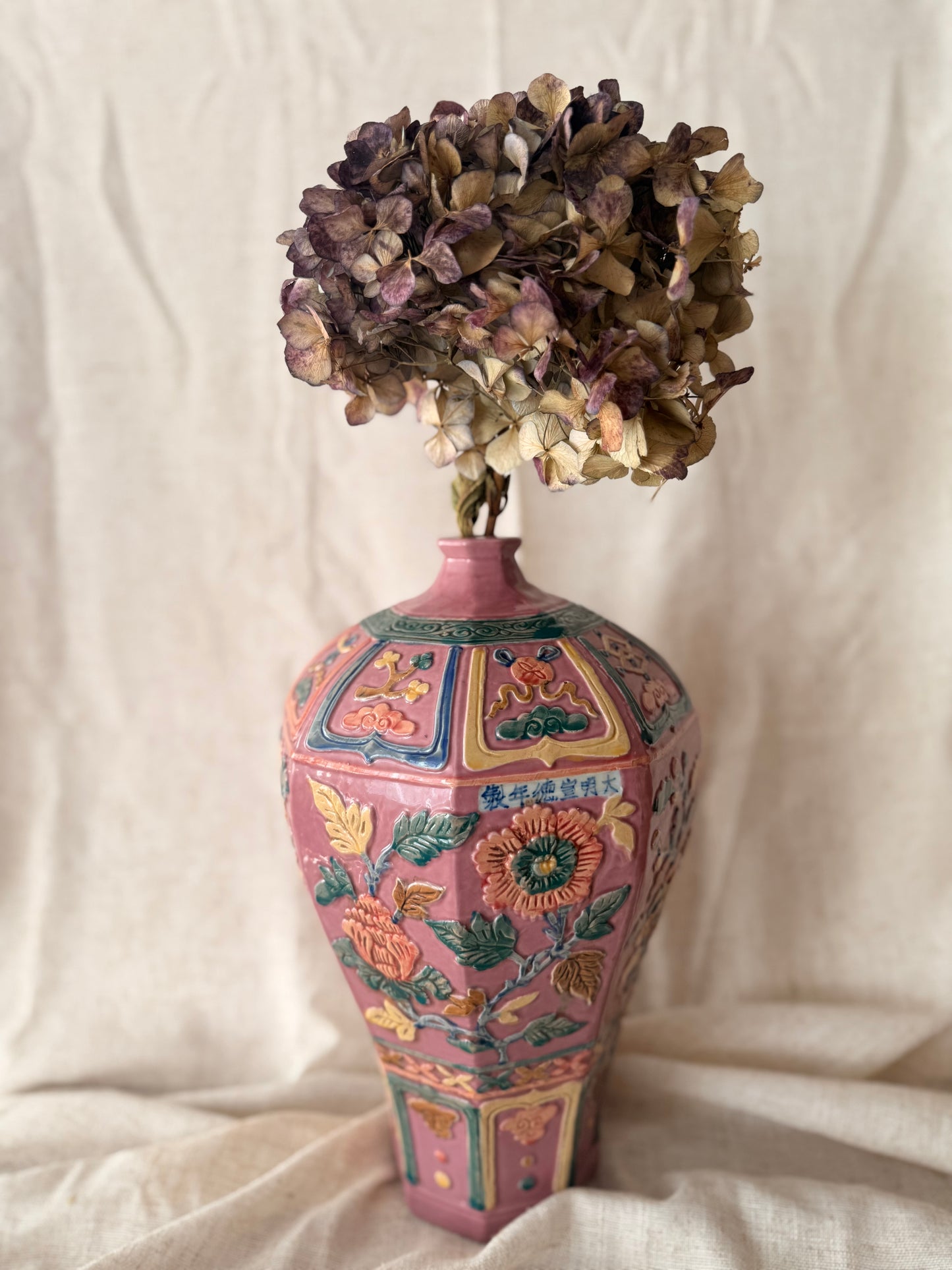 Pink peonies vintage ceramic vase