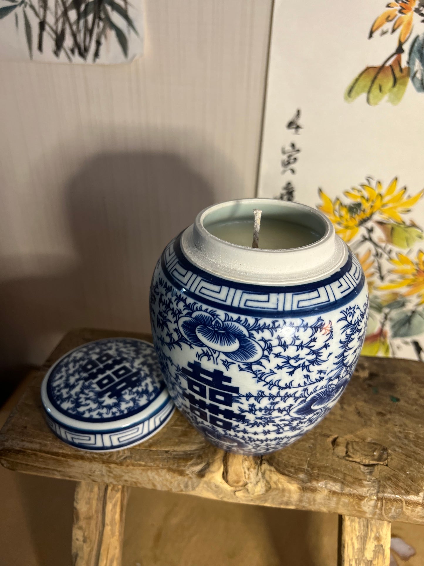 Blue and white double Happiness tea box candle