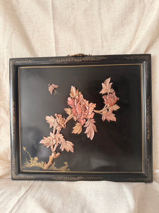 Black lacquer small panel with soap stone carvings