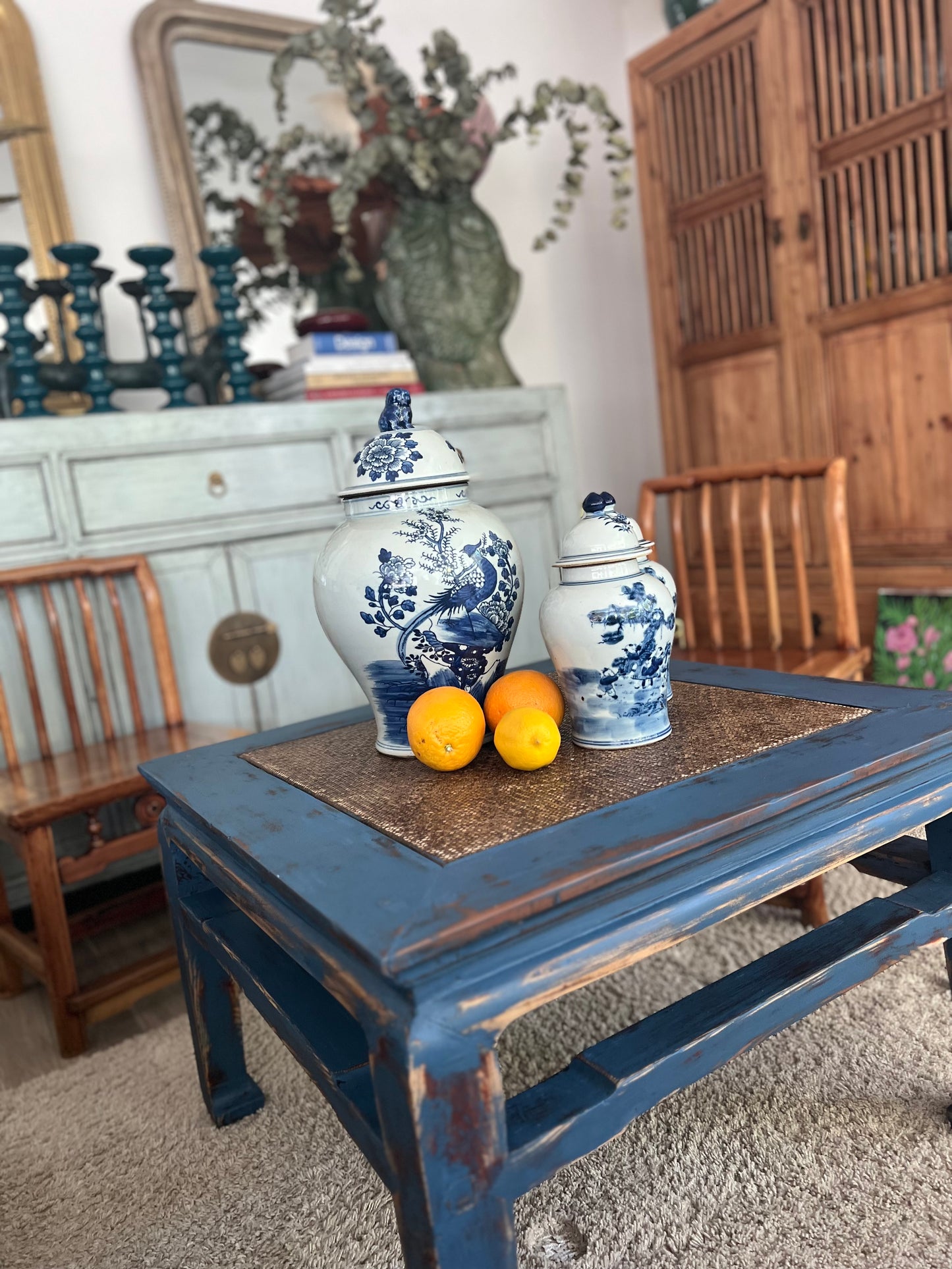 Elm wood antique renovated blue coffee table