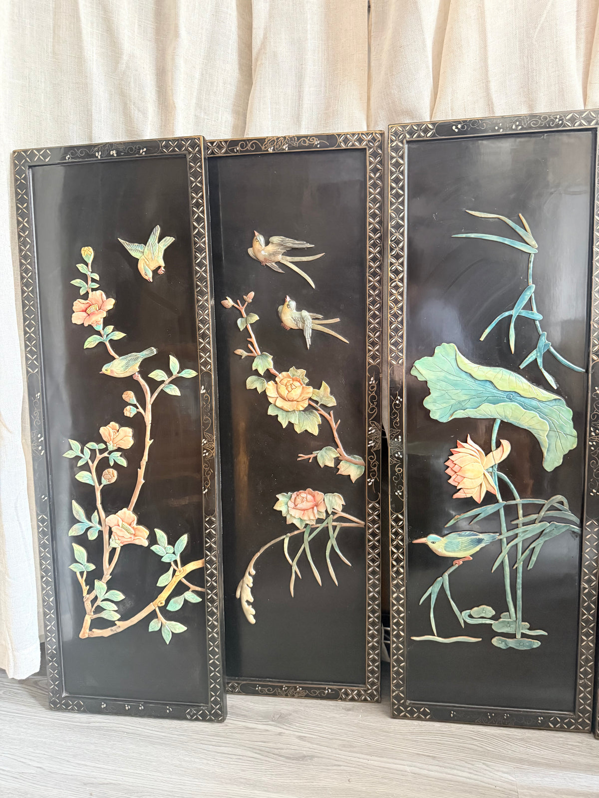Lacquered black floral wooden Panels