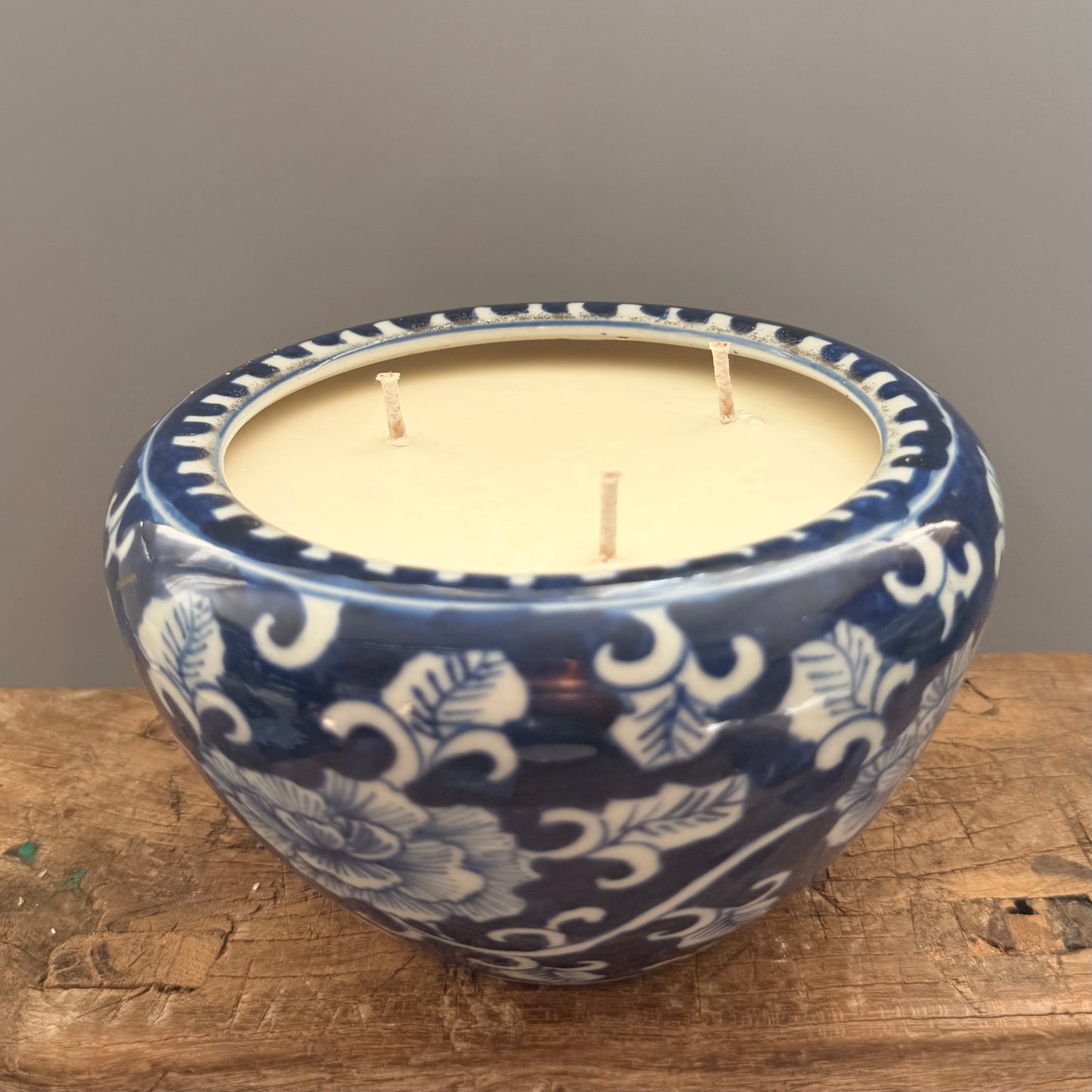 Blue and white floral vintage ceramic 3 wicks candle