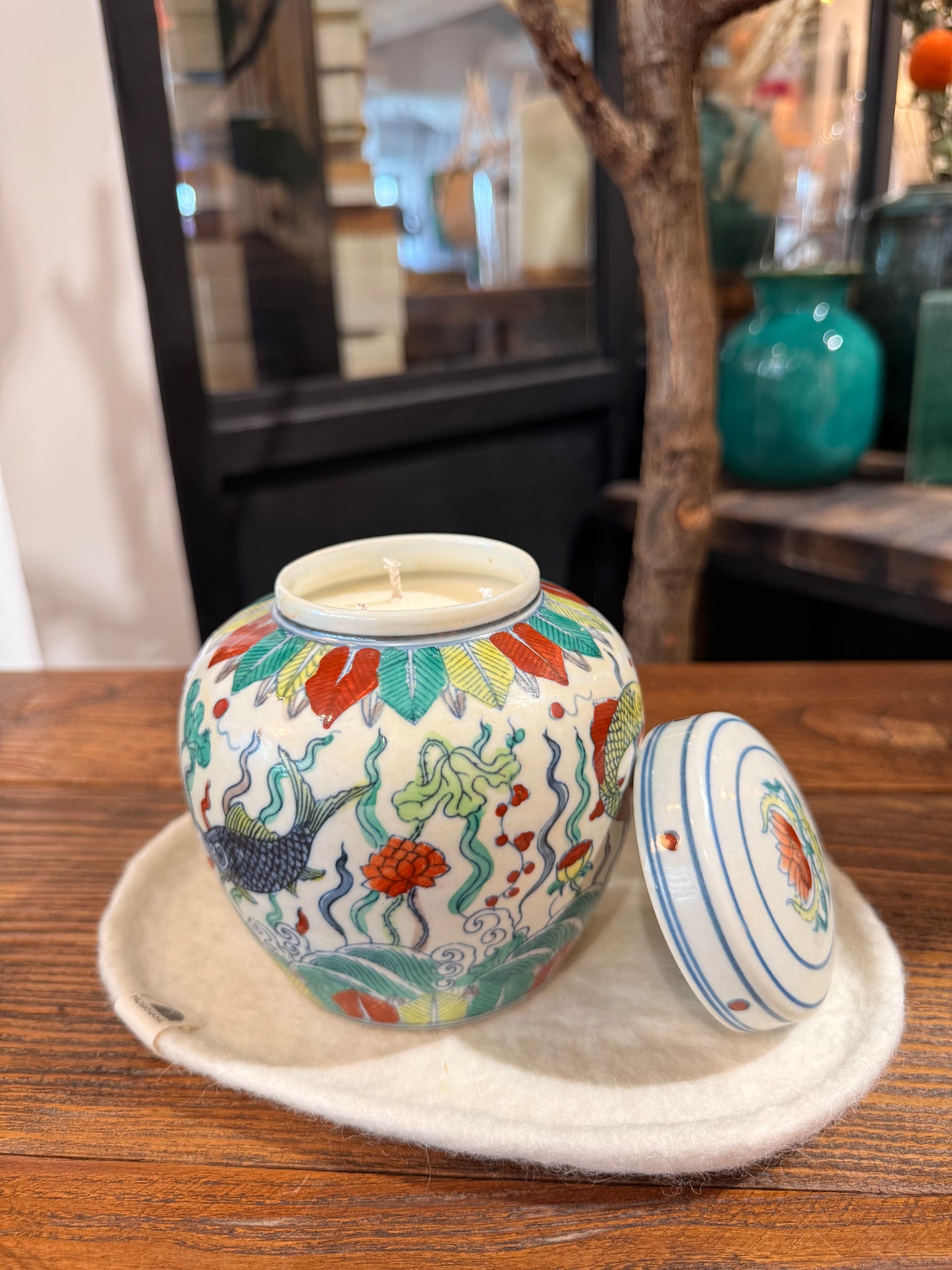 Hand painted fish pond ceramic box 3 wicks candle