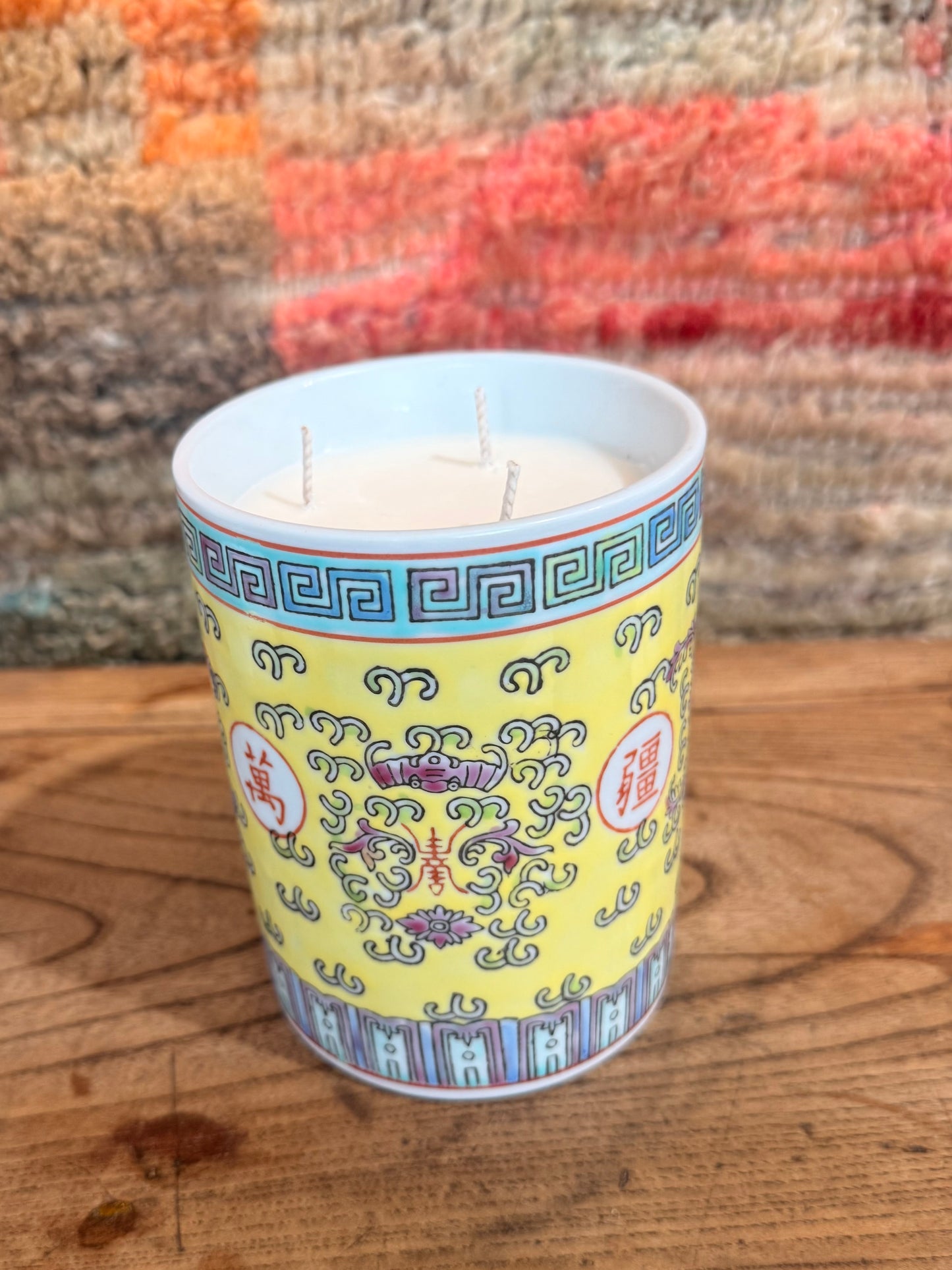 Yellow Heritage brush pot 3 wicks candle