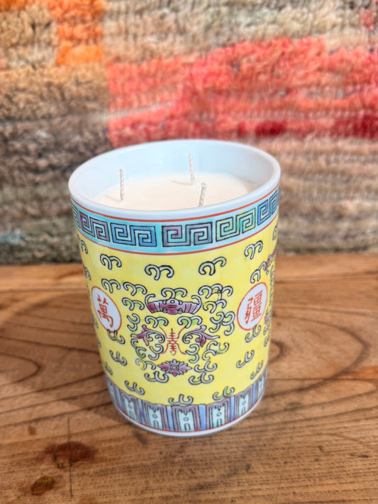 Yellow Heritage brush pot 3 wicks candle