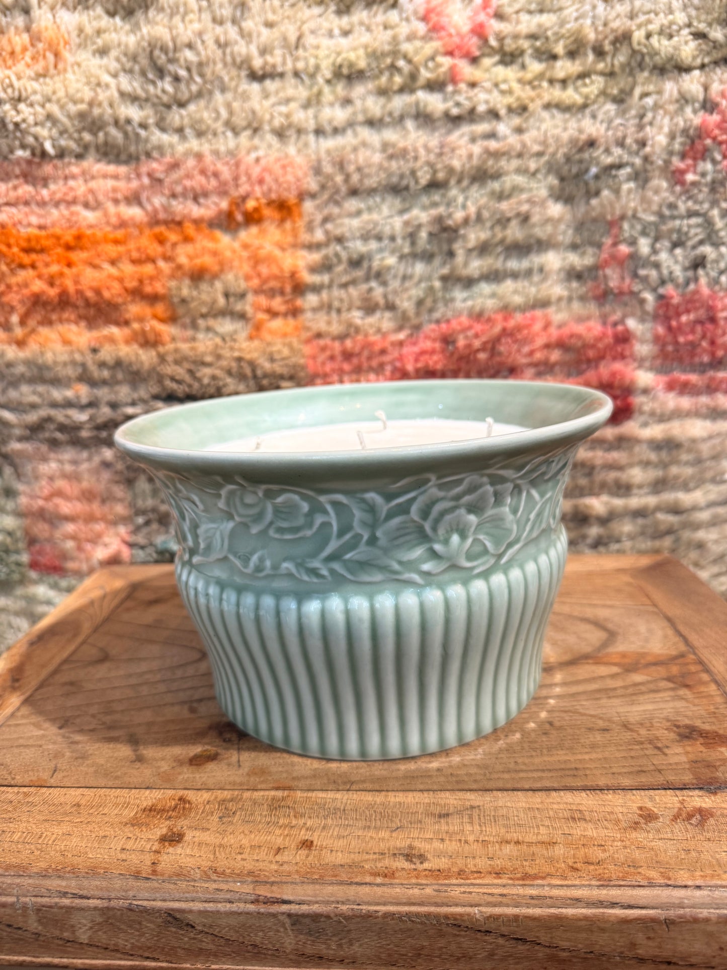 Large green celadon hand glazed vessel 6 wicks candle