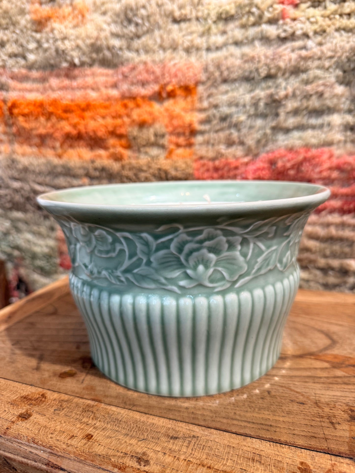 Large green celadon hand glazed vessel 6 wicks candle