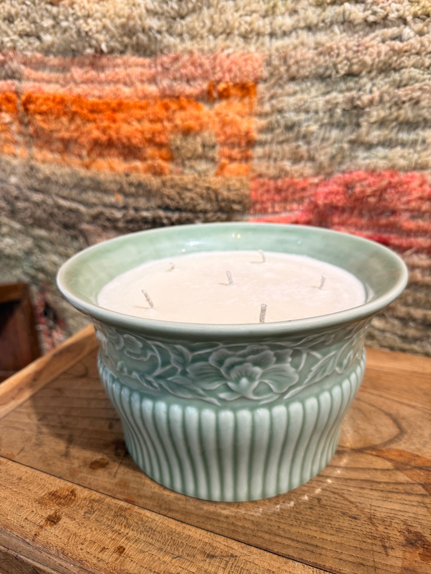 Large green celadon hand glazed vessel 6 wicks candle