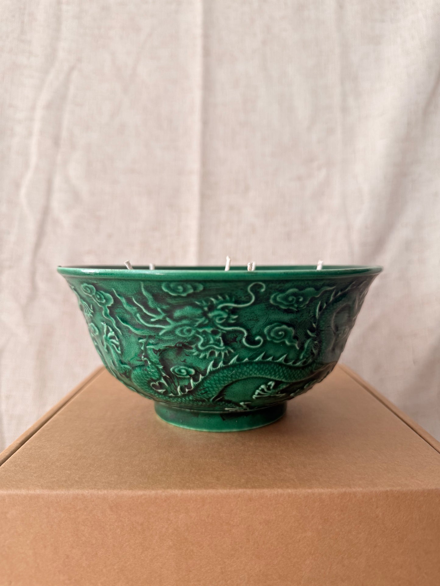 Green glazed dragon bowl medium candle