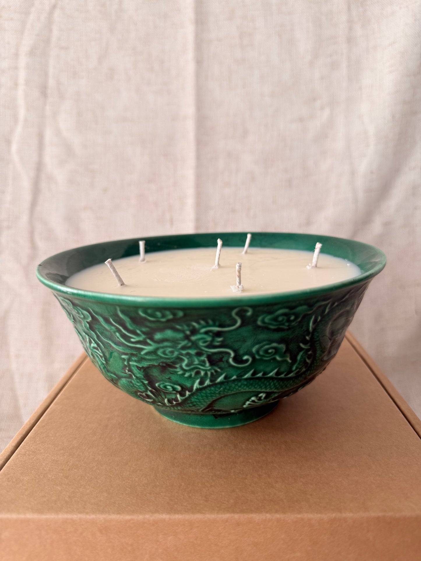 Green glazed dragon bowl medium candle