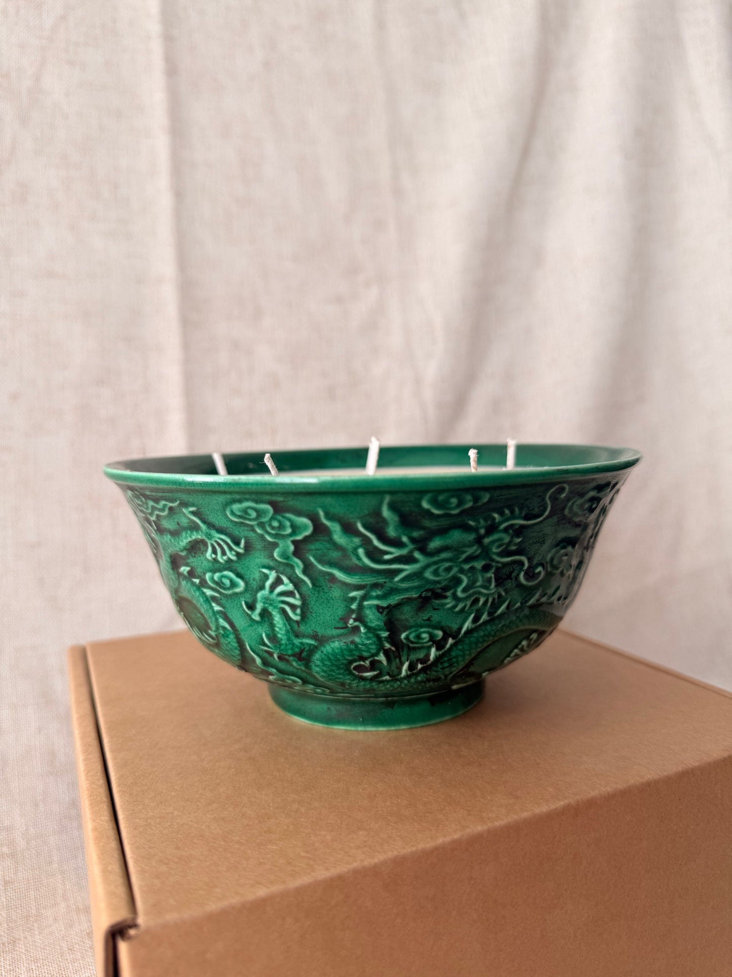 Green glazed dragon bowl medium candle