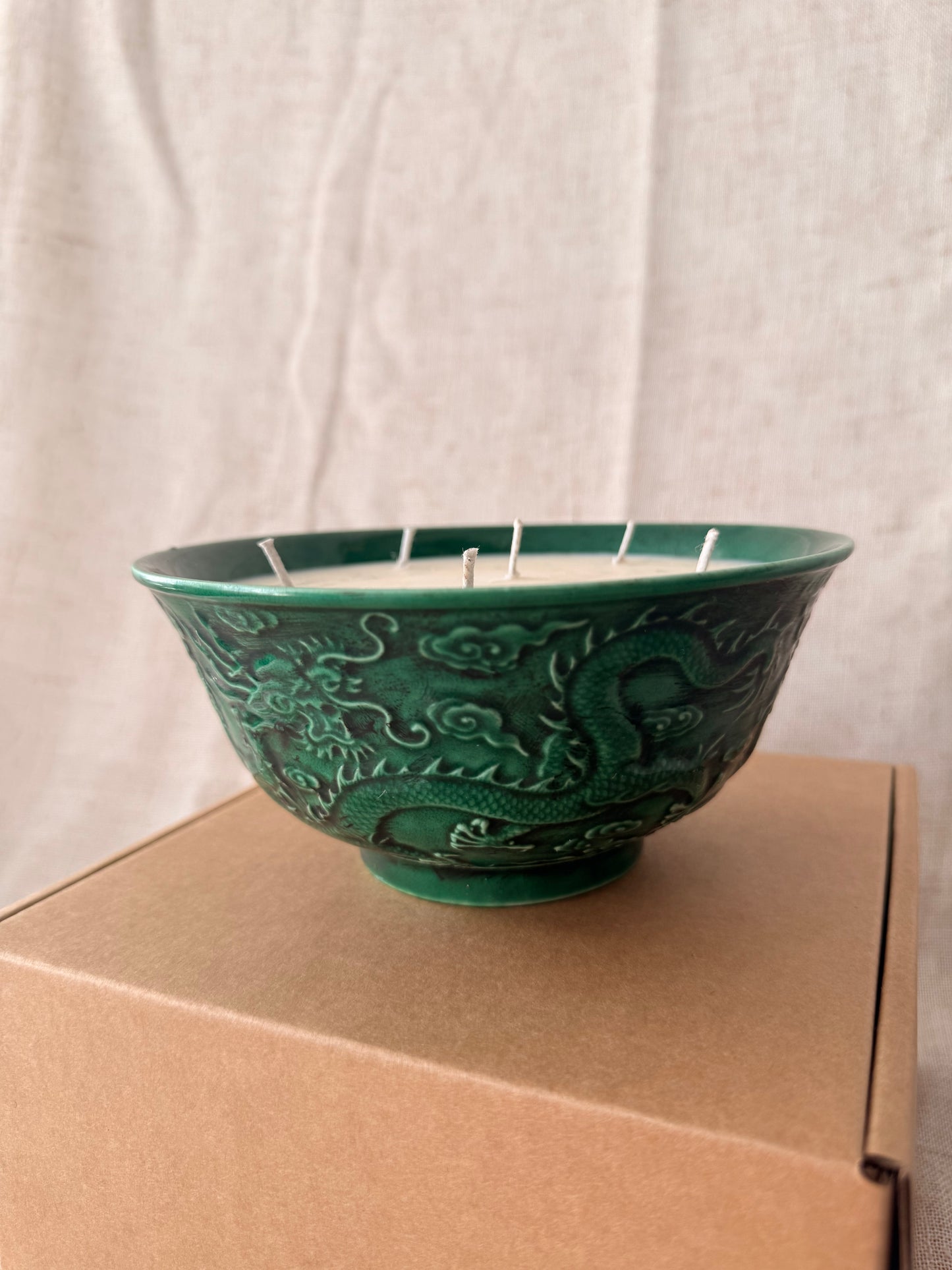 Green glazed dragon bowl medium candle