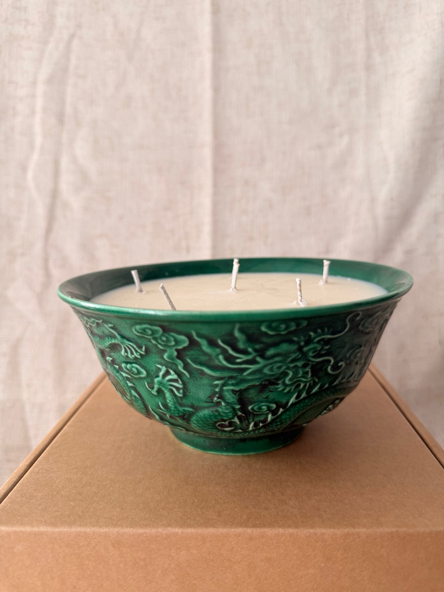 Green glazed dragon bowl medium candle